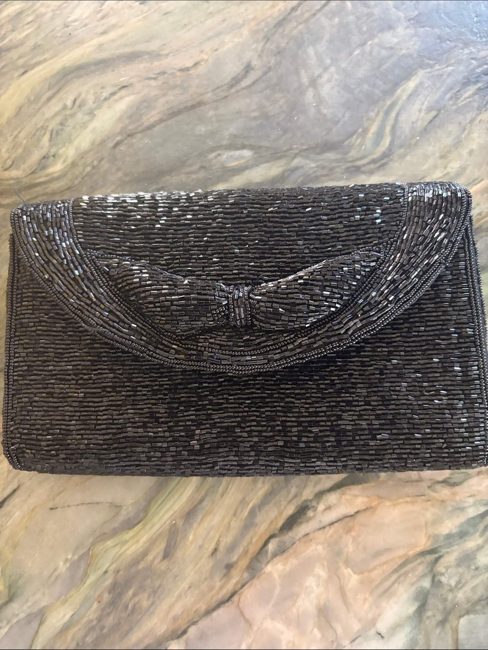 La Regale Black Beaded Bow Vintage Clutch